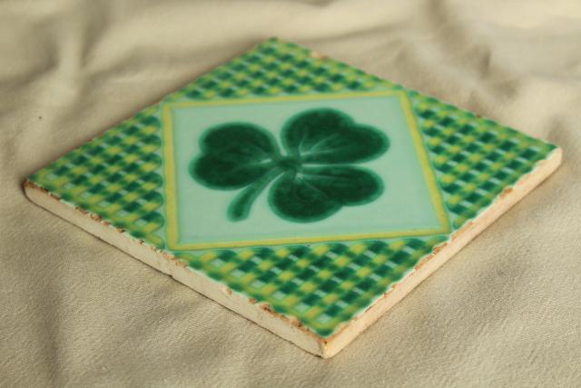 photo of vintage Pacific pottery tile, lucky Irish clover green shamrock design #2