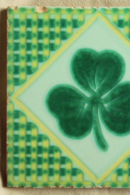 photo of vintage Pacific pottery tile, lucky Irish clover green shamrock design #3