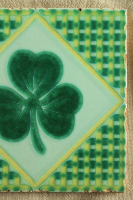 photo of vintage Pacific pottery tile, lucky Irish clover green shamrock design #4