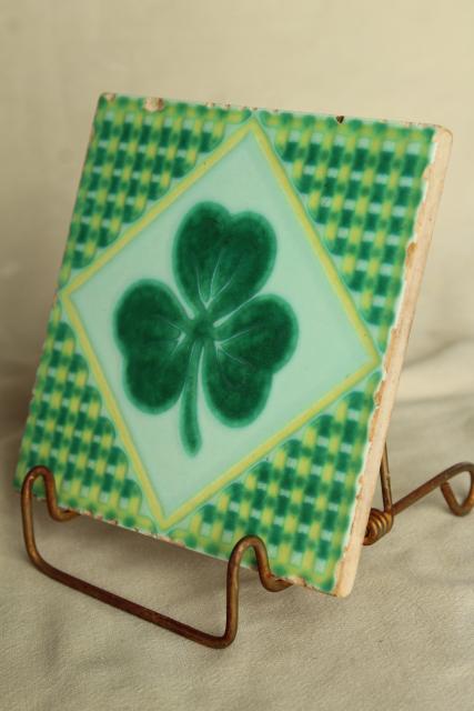 photo of vintage Pacific pottery tile, lucky Irish clover green shamrock design #5