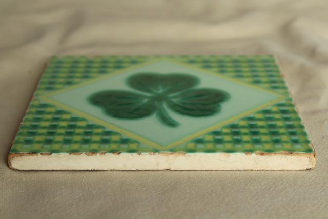 photo of vintage Pacific pottery tile, lucky Irish clover green shamrock design #6