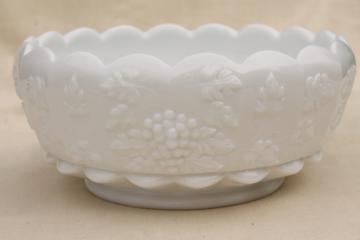 catalog photo of vintage Paneled Grape pattern milk glass, footed bowl w/ WG Westmoreland mark 