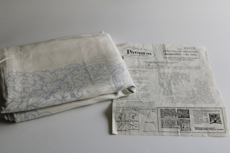 photo of vintage Paragon pure linen tablecloth stamped for cutwork embroidery, Renaissance 59 x 79  #1