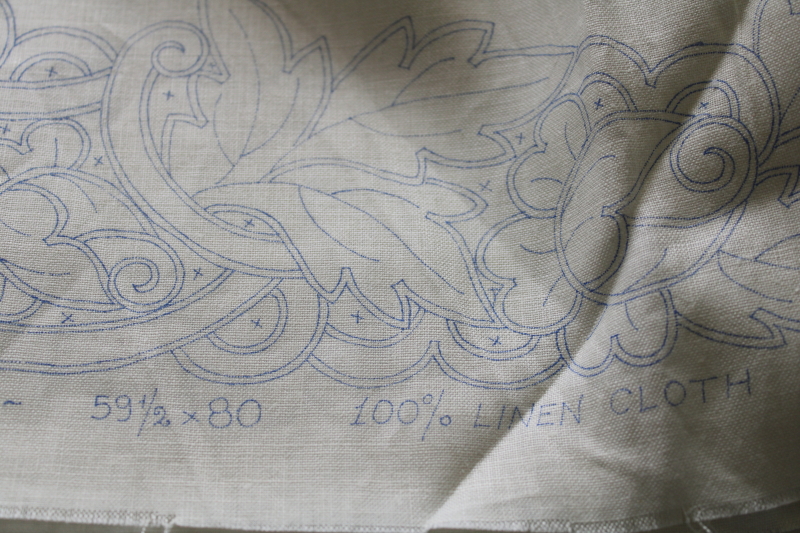 photo of vintage Paragon pure linen tablecloth stamped for cutwork embroidery, Renaissance 59 x 79  #9