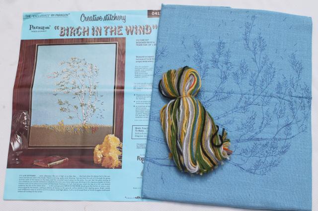 photo of vintage Paragon stitchery kit, crewel yarn embroidery birch tree in the wind Indian summer #1