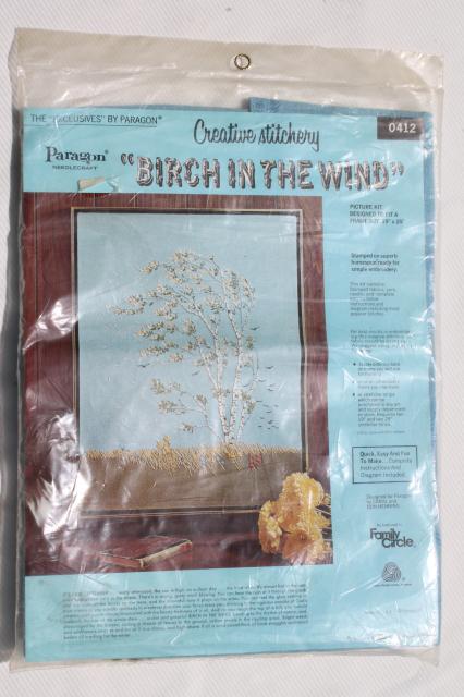 photo of vintage Paragon stitchery kit, crewel yarn embroidery birch tree in the wind Indian summer #2