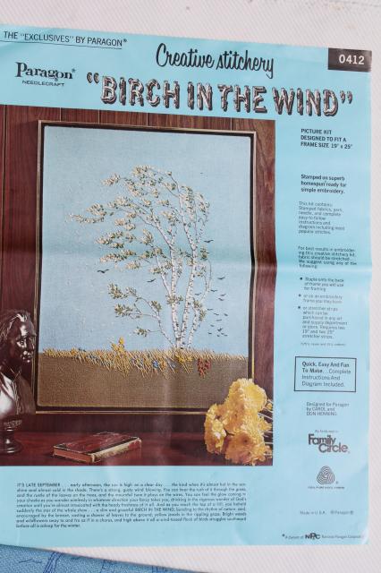 photo of vintage Paragon stitchery kit, crewel yarn embroidery birch tree in the wind Indian summer #4