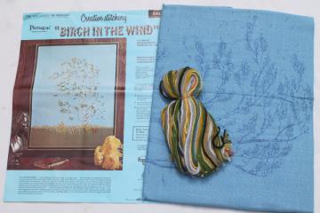 catalog photo of vintage Paragon stitchery kit, crewel yarn embroidery birch tree in the wind Indian summer