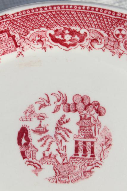 photo of vintage Paul McCobb ironstone china dishes w/ red pink willow chinoiserie print #5