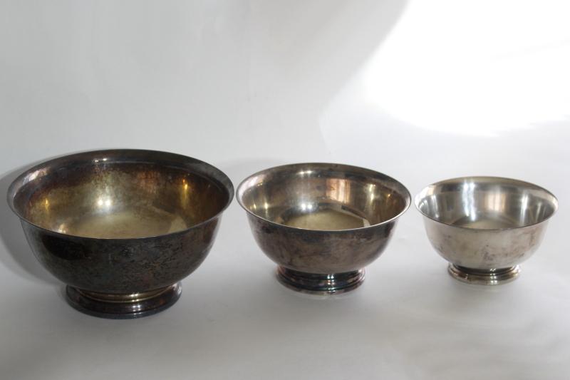 photo of vintage Paul Revere bowls trio of graduated sizes, silverplate not sterling silve #1