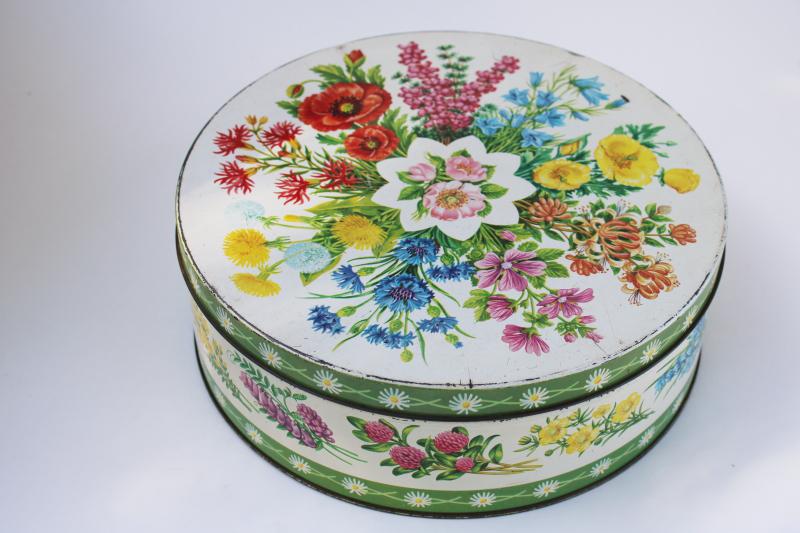 photo of vintage Peek Frean biscuit tin w/ bright flowers, large round box English biscuits #1