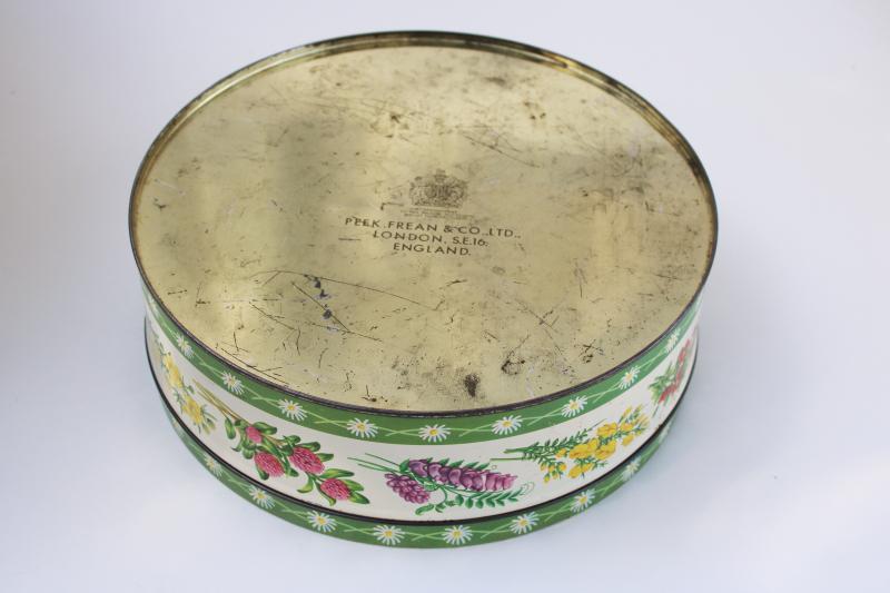 photo of vintage Peek Frean biscuit tin w/ bright flowers, large round box English biscuits #2