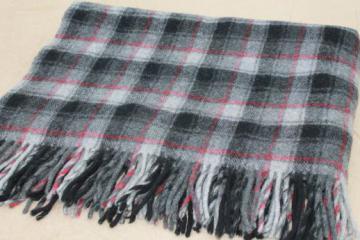 catalog photo of vintage Pendleton label wool throw, grey & red plaid camp blanket w/ wooly fring