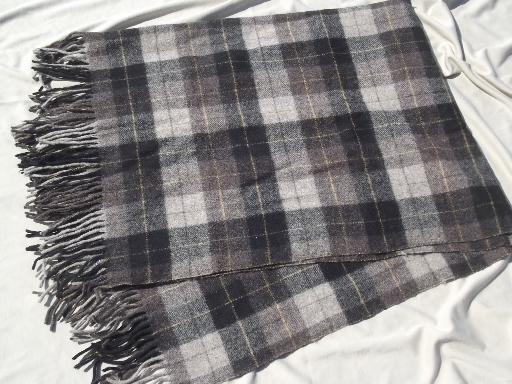 photo of vintage Pendleton wool plaid camp blanket, shades of grey fringed throw #1