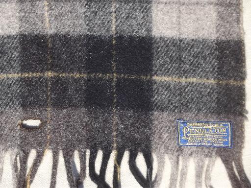 photo of vintage Pendleton wool plaid camp blanket, shades of grey fringed throw #2