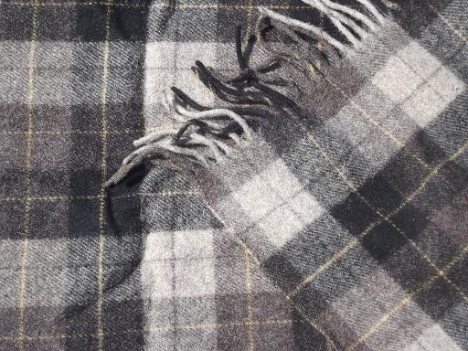 photo of vintage Pendleton wool plaid camp blanket, shades of grey fringed throw #3