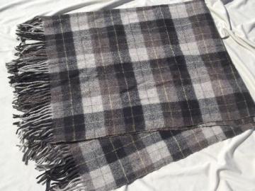 catalog photo of vintage Pendleton wool plaid camp blanket, shades of grey fringed throw