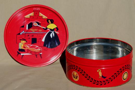 photo of vintage Pennsylvania Dutch pretzel tin       & tray, Sturgis Pretzels Amish design #1