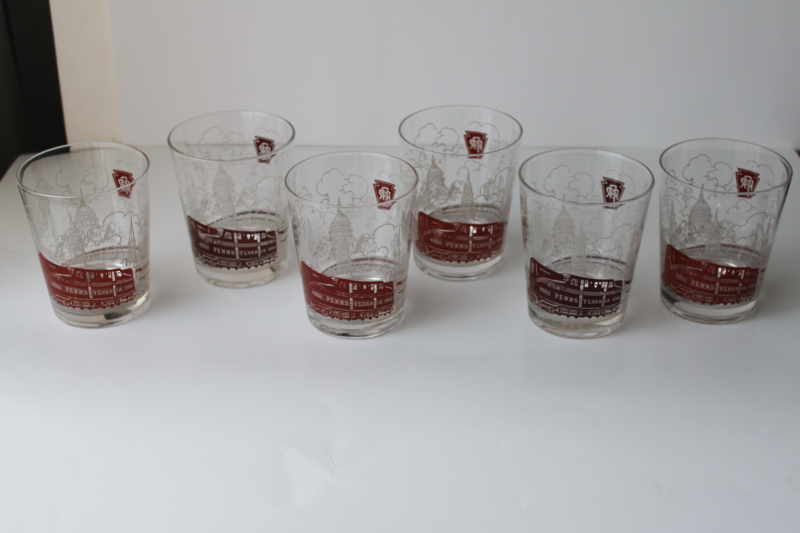 photo of vintage Pennsylvania Railroad drinking glasses, train w/ skyline & logo print double old fashioneds  #1