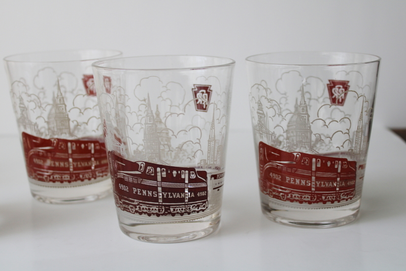 photo of vintage Pennsylvania Railroad drinking glasses, train w/ skyline & logo print double old fashioneds  #2