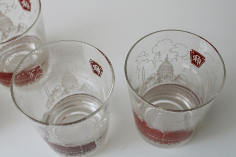 photo of vintage Pennsylvania Railroad drinking glasses, train w/ skyline & logo print double old fashioneds  #3