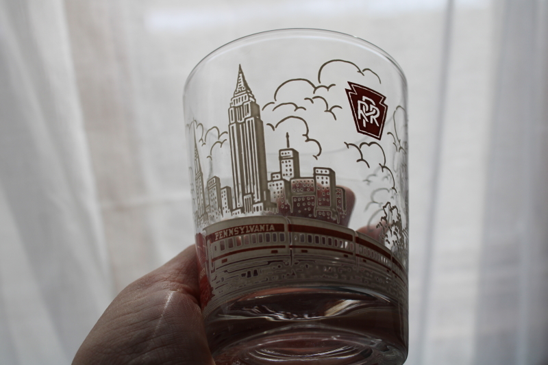 photo of vintage Pennsylvania Railroad drinking glasses, train w/ skyline & logo print double old fashioneds  #4