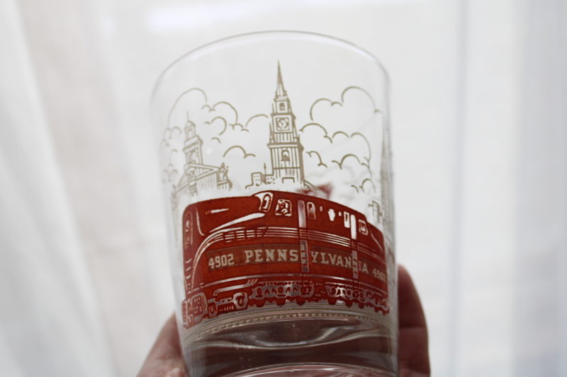 photo of vintage Pennsylvania Railroad drinking glasses, train w/ skyline & logo print double old fashioneds  #6