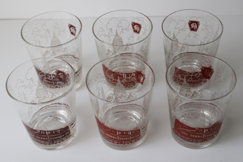 photo of vintage Pennsylvania Railroad drinking glasses, train w/ skyline & logo print double old fashioneds  #7