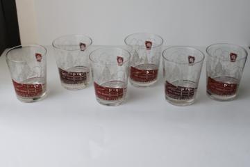 catalog photo of vintage Pennsylvania Railroad drinking glasses, train w/ skyline & logo print double old fashioneds 