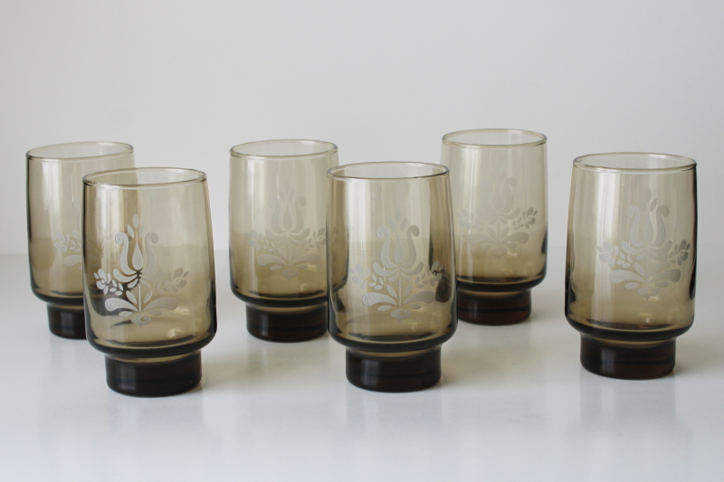 photo of vintage Pfaltzgraff Village pattern glassware, set of 6 tumblers smoke glass drinking glasses  #1