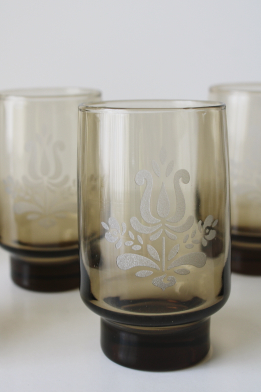 photo of vintage Pfaltzgraff Village pattern glassware, set of 6 tumblers smoke glass drinking glasses  #2