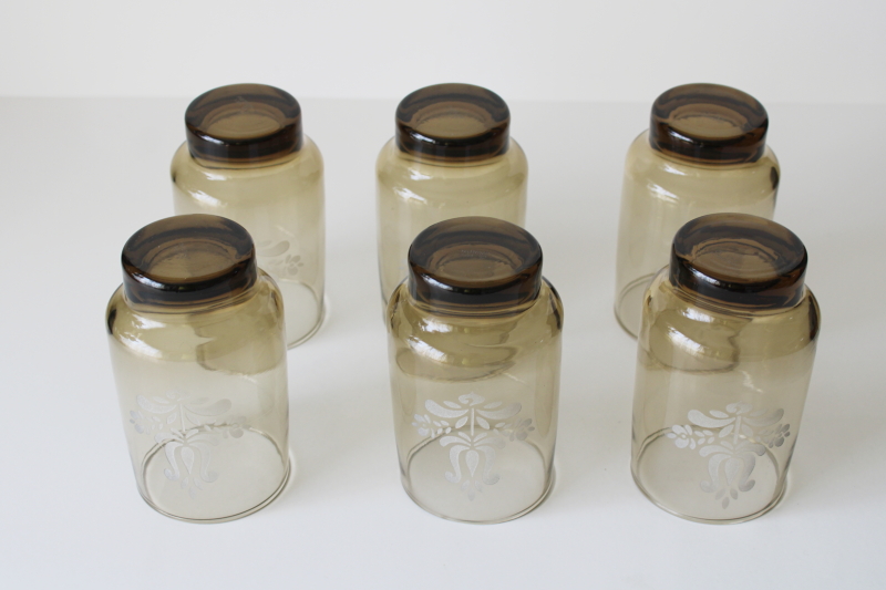 photo of vintage Pfaltzgraff Village pattern glassware, set of 6 tumblers smoke glass drinking glasses  #4