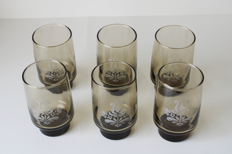 photo of vintage Pfaltzgraff Village pattern glassware, set of 6 tumblers smoke glass drinking glasses  #5