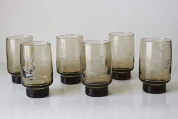 catalog photo of vintage Pfaltzgraff Village pattern glassware, set of 6 tumblers smoke glass drinking glasses 