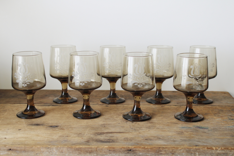 photo of vintage Pfaltzgraff Village pattern glassware, set of smoke glass water or wine glasses never used  #1