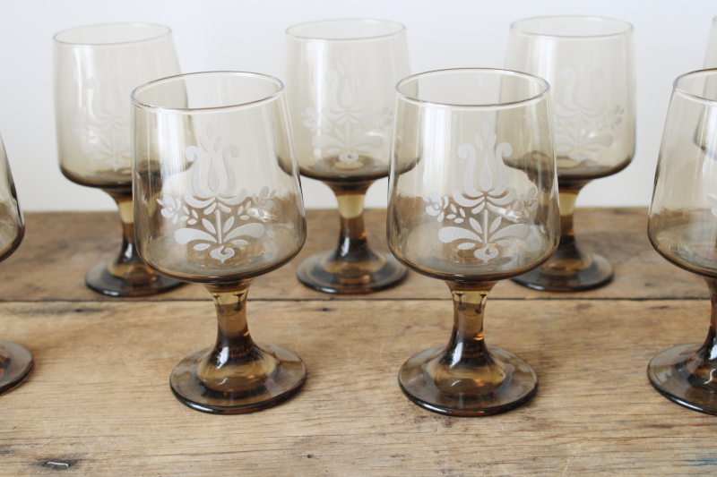 photo of vintage Pfaltzgraff Village pattern glassware, set of smoke glass water or wine glasses never used  #2