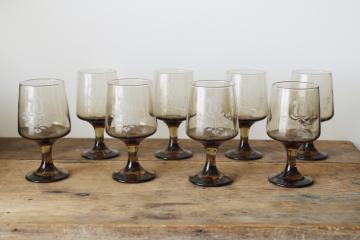 catalog photo of vintage Pfaltzgraff Village pattern glassware, set of smoke glass water or wine glasses never used 