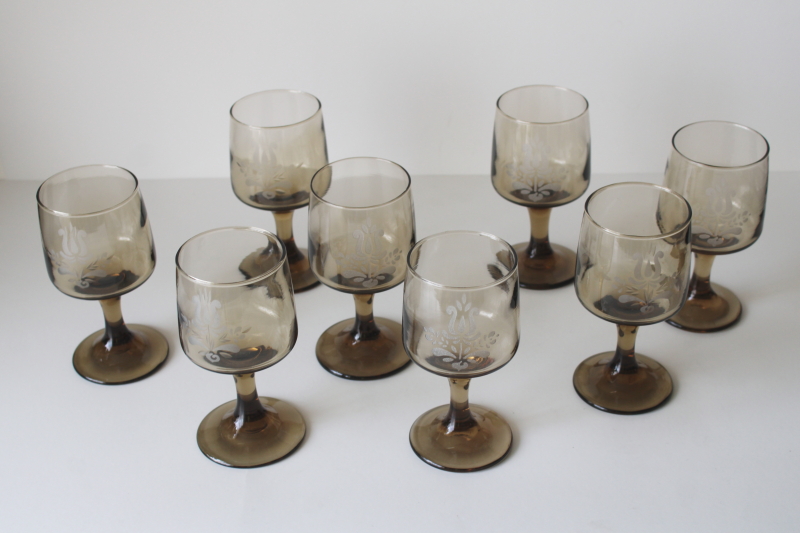 photo of vintage Pfaltzgraff Village pattern glassware, set of smoke glass water or wine glasses never used  #1