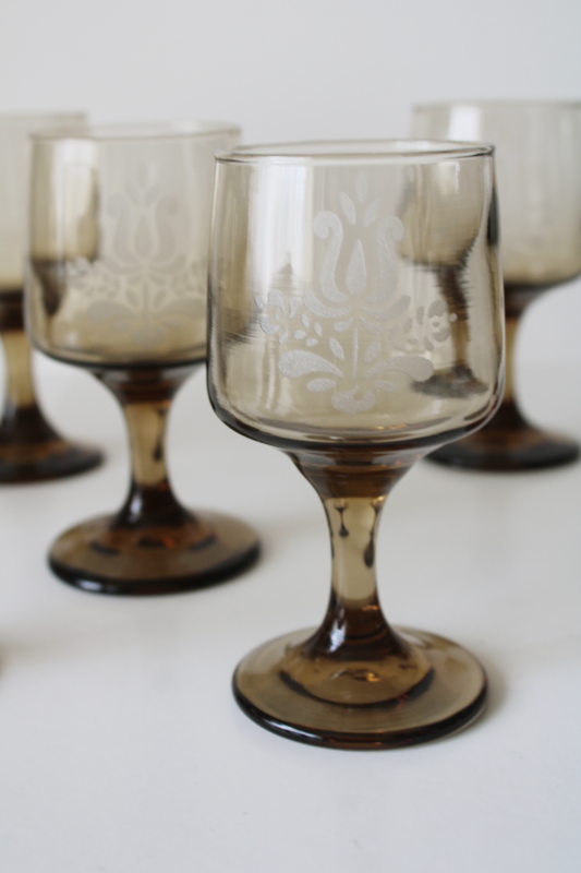 photo of vintage Pfaltzgraff Village pattern glassware, set of smoke glass water or wine glasses never used  #2