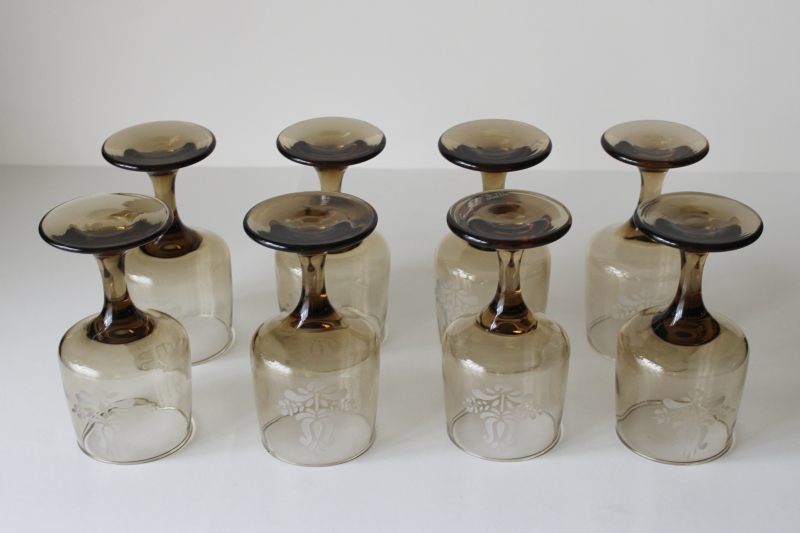 photo of vintage Pfaltzgraff Village pattern glassware, set of smoke glass water or wine glasses never used  #5