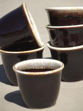 catalog photo of vintage Pfaltzgraff brown drip pottery custard cups or jam pots set of 6