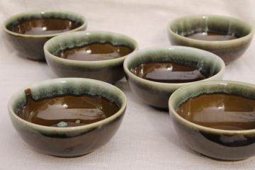 catalog photo of vintage Pfaltzgraff copper green drip glaze pottery, cereal / oatmeal bowls set of 6