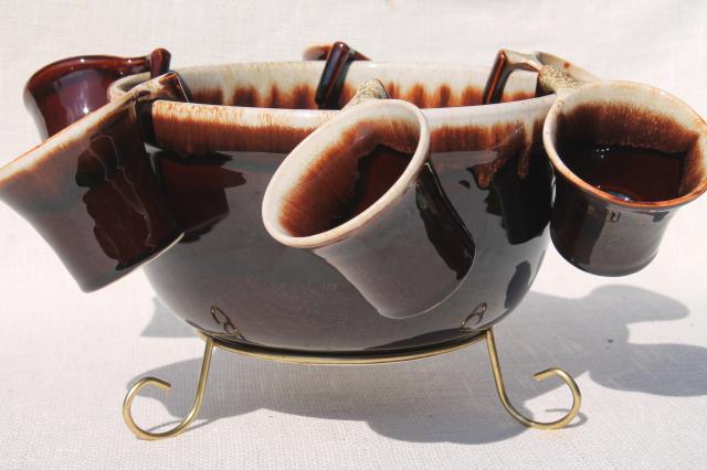 photo of vintage Pfaltzgraff gourmet brown drip glaze pottery punch set bowl & hook handle cups #1