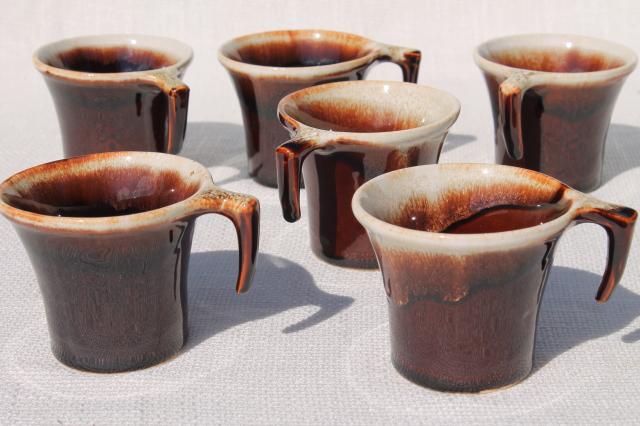 photo of vintage Pfaltzgraff gourmet brown drip glaze pottery punch set bowl & hook handle cups #9