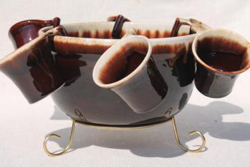 catalog photo of vintage Pfaltzgraff gourmet brown drip glaze pottery punch set bowl & hook handle cups