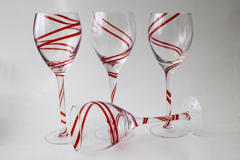 photo of vintage Pier 1 Swirline red / crystal clear water goblets wine glasses #1
