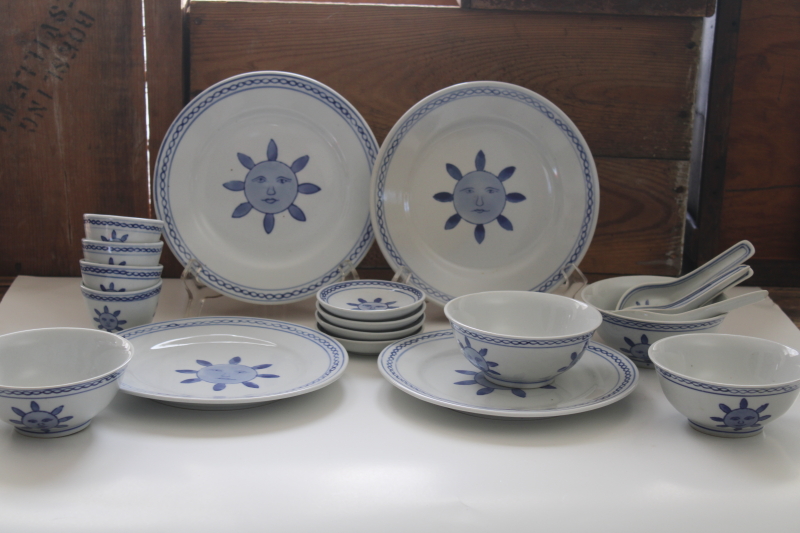 photo of vintage Pier 1 blue & white china sun pattern plates, bowls, soup spoons, sauce cups & dishes #1
