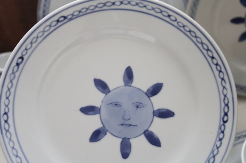 photo of vintage Pier 1 blue & white china sun pattern plates, bowls, soup spoons, sauce cups & dishes #2