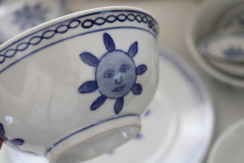 photo of vintage Pier 1 blue & white china sun pattern plates, bowls, soup spoons, sauce cups & dishes #3
