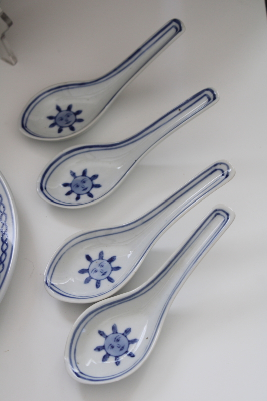 photo of vintage Pier 1 blue & white china sun pattern plates, bowls, soup spoons, sauce cups & dishes #5
